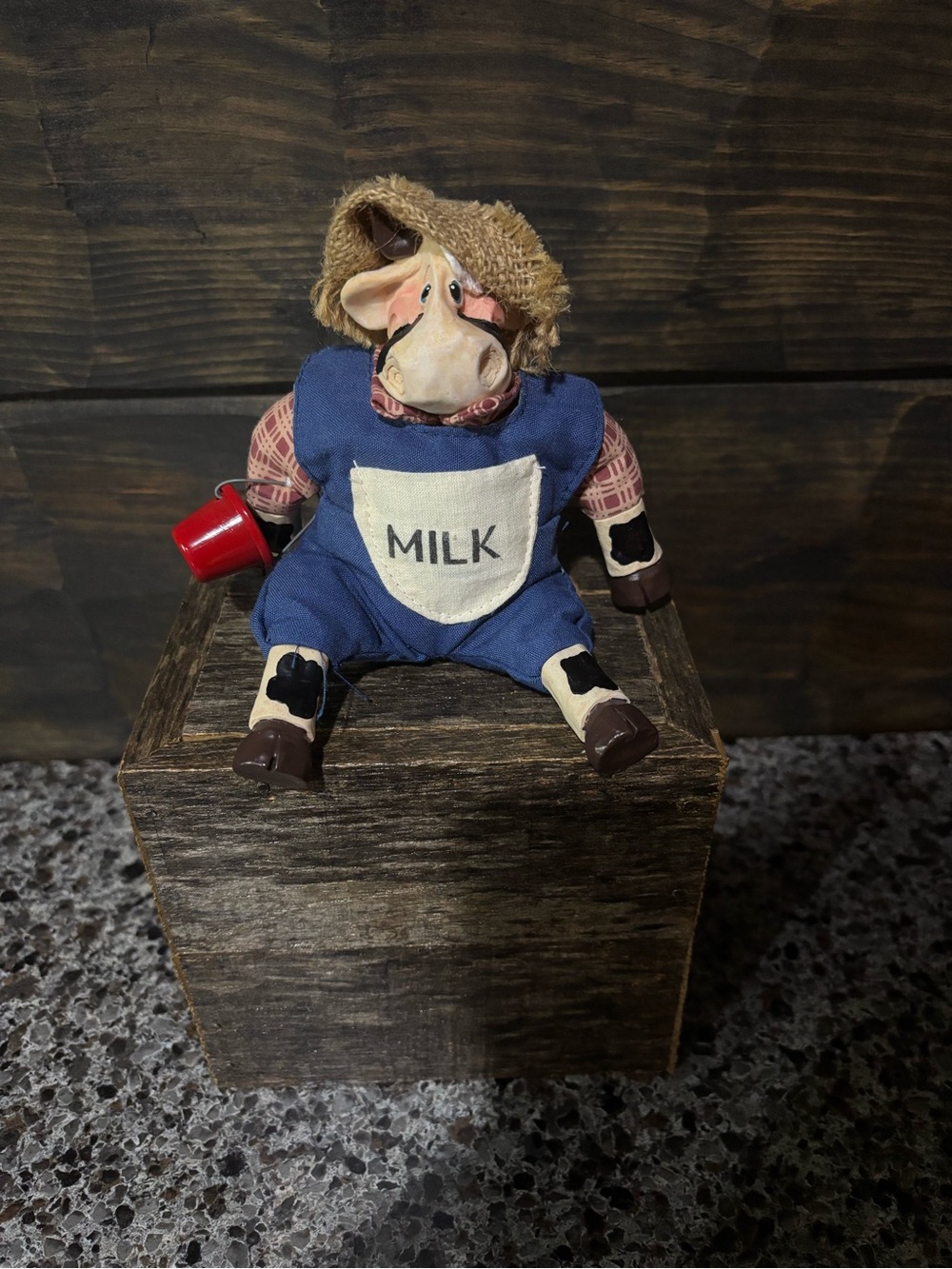 RUSS Berrie  Farmhouse Cow Figurine with Blue Overalls and 'Milk' Apron